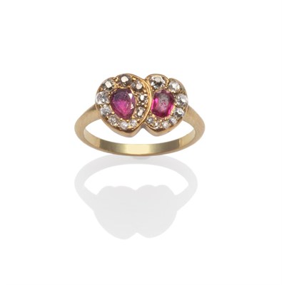 Lot 392 - An Early Victorian Ruby and Diamond Cluster Ring, the conjoined heart motifs each set with a...