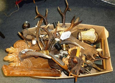 Lot 427 - A Small Collection of German Antler and Wood Carvings, mounted thermometers and light brackets...