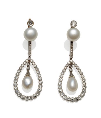 Lot 411 - A Pair of Diamond and Pearl Earrings, circa 1910, an old cut diamond in a millegrain setting...