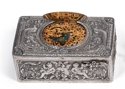 Lot 427 - An Early 20th Century Singing Bird Automaton, the rectangular silver box chased with flowers,...