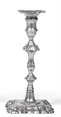 Lot 441 - A Pair of George III Cast Silver Candlesticks, Ebenezer Coker, London 1762, on quatrefoil bases...