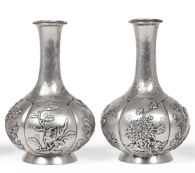 Lot 449 - A Pair of Chinese Export Silver Bottle Vases, Chinese character marks to footrims, possibly...