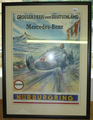 Lot 6 - Phil May - Mercedes-Benz, Nurburgring, poster study, signed and blind stamped, framed and...