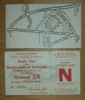 Lot 19 - Two 1955 FA Cup Semi Final Tickets, for the game played at Hillsborough on 25th March - York City v