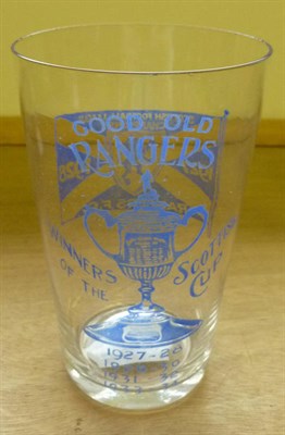 Lot 23 - A Rangers F.C. Commemorative Glass Tumbler 1928, with blue transfer printing 'Good Old Rangers...