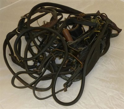 Lot 43 - Four Stitched Leather Hare Coursing Leashes, with wooden handles and double collars