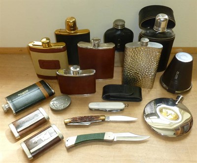 Lot 59 - Nine Hip Flasks, including Hardy Amies and The Original Sporran Flask; Three Sporting Snuff...