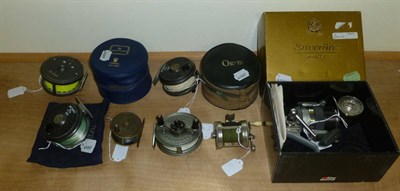 Lot 70 - Seven Mixed Reels, including a Hardy 'Zenith' in leather zip case, a boxed Abu Garcia 'Suveran'...