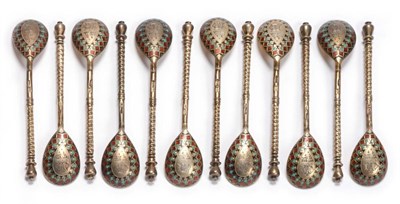 Lot 458 - A Set of Russian Silver Gilt and Enamel Coffee Spoons, probably Sergei Sobolyev (mark CC), Kostroma