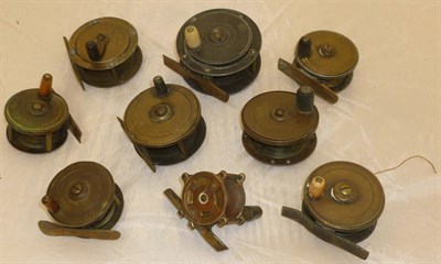 Lot 84 - Nine Small Brass Reels, including a 3inch reel with raised check housing by D.Slater, two...