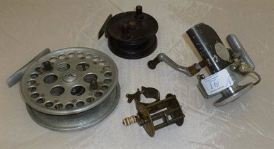 Lot 148 - Four Mixed Reels, comprising a Hardy 'Altex' No.2 Mk.V spinning reel, a 19th century brass...