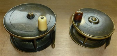 Lot 151 - Two Brass Platewind Reels:- Farlows 4inch with holdfast trademark, fat ivorine handle, pierced...