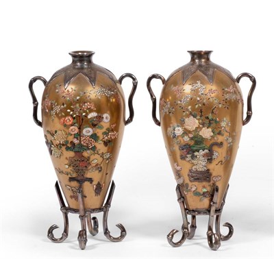 Lot 469 - A Pair of Japanese Silver, Lacquer and Shibayama Vases, Meiji period, the meiping shaped gold...