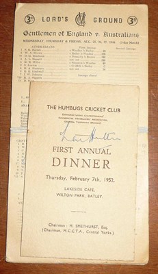 Lot 22 - A Len Hutton Signed Humbugs Cricket Club Menu 1952, together with nine 1950's Lords Cricket...