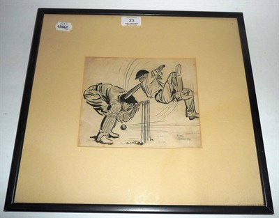 Lot 23 - A Framed Pen and Ink Drawing of Cricketers by Fred Wheeler, with  inscription to back 'Don...