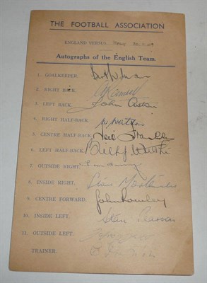 Lot 40 - An Signed Football Association England Team Sheet for 1949, comprising twelve pen signatures...