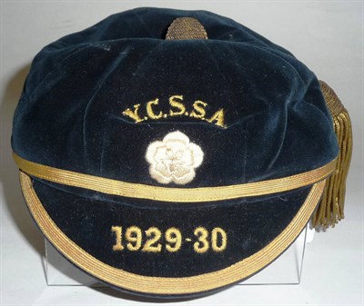 Lot 45 - A Blue Velvet 'Y.C.S.S.A. 1929-30' Sports Cap (Bradford Boys Grammar School) with name and date...