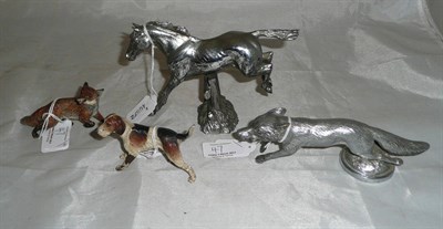 Lot 47 - Two Chrome Car Mascots - Running Fox and Horse Jumping Fence; Two Cold Painted Bronze Animals -...