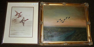 Lot 54 - Archibald Thorburn - Wigeon in Flight, signed colour print, Fie Art Trade Guild blind stamp,...