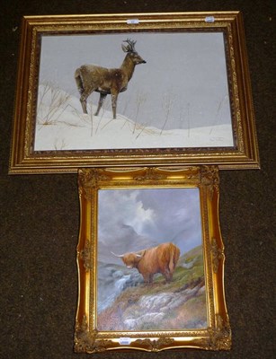 Lot 57 - Elizabeth M Halstead - Highland Cow in a misty glen beside a waterfall, signed, oil on panel,...