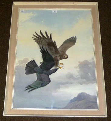 Lot 60 - John Cyril Harrison - `Buzzard versus Raven', signed watercolour, 77cm by 56cm, title to verso,...