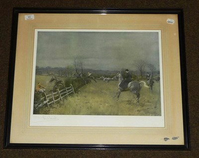 Lot 63 - Lionel Edwards - Hunting Scene, with a faller at a hedge, a lady seated side saddle on a grey...