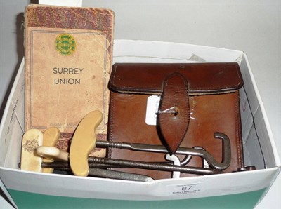 Lot 67 - Hunting Memorabilia, comprising a George Parker and Sons sandwich box and flask in a stitched...