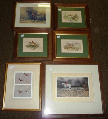 Lot 74 - English School - Hunting Scenes, a set of three colour print vignettes, 14cm by 19cm, in oak...