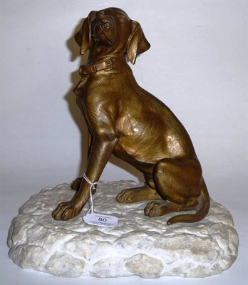 Lot 80 - After Bousquet - A Gilt Bronze Model of Seated Gun Dog, on a rocky marble plinth, bears...