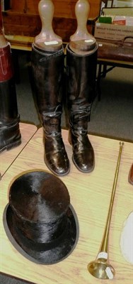 Lot 81 - A Pair of Gentleman's Black Leather Riding Boots, size 9, with beech trees; A Black Silk Top Hat by