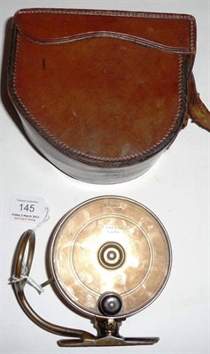 Lot 145 - An Mallochs 4-Inch Brass Patent Side Casting Reel, with fat black handle, button adjuster,...