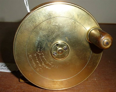 Lot 147 - A 19th Century 3 1/2-Inch Brass Salmon Reel by G. Little & Co., with horn handle, makers name...