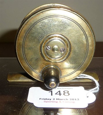 Lot 148 - A Farlow's 2 1/4-Inch Brass Trout Fly Reel, with tapered horn handle, brass foot, makers name...