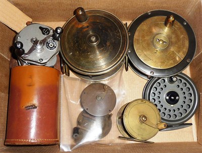 Lot 158 - Six Fishing Reels, comprising Young's 'Gildex' multiplier in leather case with instructions,...