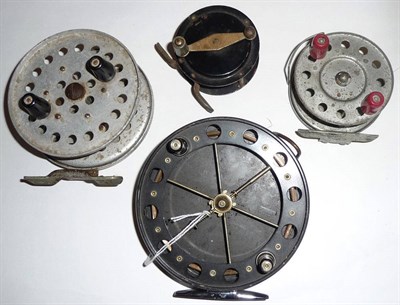 Lot 184 - An Allcock's 4 1/2-Inch Alloy 'Aerial' Reel, with six spoked pierced drum, alloy foot, twin tapered