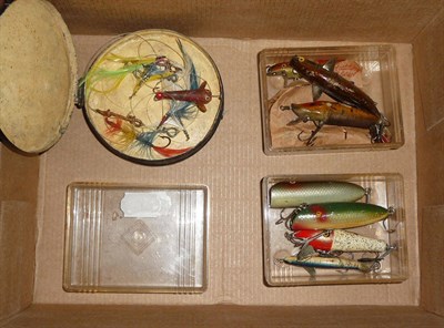 Lot 185 - Nine Early Lures, comprising a painted minnow with glass eyes, metal fins and tail fin, a...