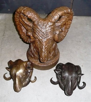 Lot 221 - Two Reproduction Small Bronze Ram Heads, 15cm high; and A German Carved Wood Head of a Ram, on...