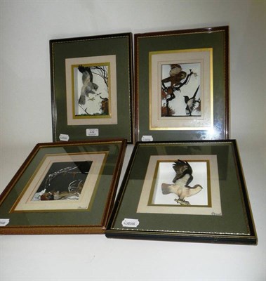 Lot 232 - J Macneil: Two Pairs of Leather Montage Pictures, depicting an owl and magpie, bird of prey, osprey