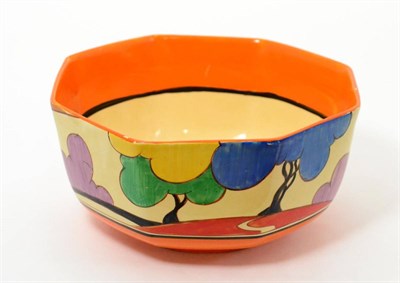 Lot 515 - A Clarice Cliff Fantasque Blue Autumn (Balloon Trees) Pattern Octagonal Bowl, printed FANTASQUE...