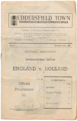 Lot 18 - A Rare England v Holland 1946 International Football Programme, played at Huddersfield Town AFC...