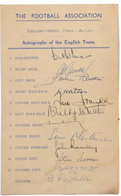 Lot 26 - A Signed 1949 England Football Team Sheet, printed sheet for game against Italy 30/11/49 with...