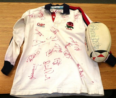 Lot 30 - An England Rugby Shirt Signed by the 1993/94 England Rugby Team and a rugby ball signed by 1991...