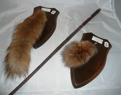 Lot 41 - Hunting Memorabilia, comprising two Swaine antler handled hunting whips, a riding crop, a...