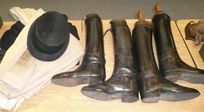 Lot 57 - A Collection of Hunting Attire, comprising two pairs of black leather boots with beech trees, a...