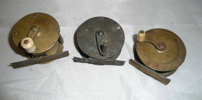 Lot 85 - Three Early Brass Crankwind Reels, all unnamed, two with bone handles, the other missing handle