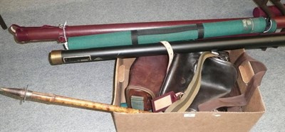 Lot 86 - Fishing and Shooting Equipment, comprising three leather cartridge bags, a bamboo shooting...