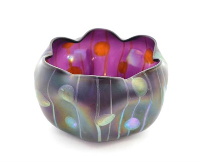 Lot 534 - A Loetz Purple Iridescent Art Glass Bowl, with ruffled rim and spot decoration, unmarked, 20cm...