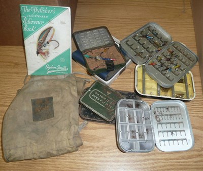 Lot 161 - Fly Boxes and Flies, including a Hardy brown bakelite 'Neroda' fly box, a Hardy Japanned tin...