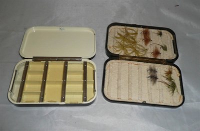 Lot 173 - Two Hardy Dark Brown Bakelite 'Neroda' Fly Boxes, one with fourteen lidded compartments for dry...