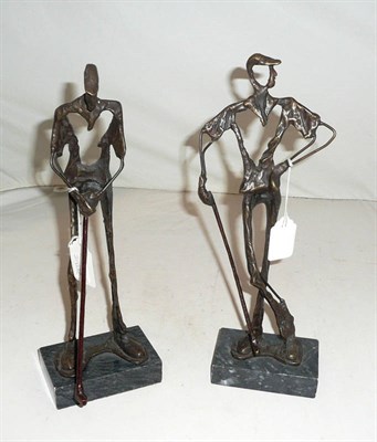 Lot 20 - A Pair of Bronze Abstract Figures of Golfers, mounted on marble bases, height 32cm